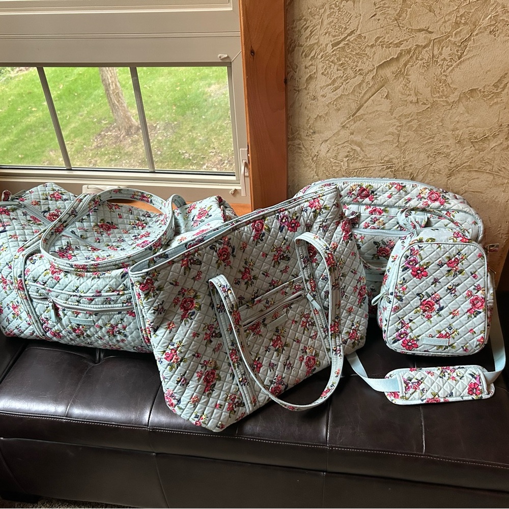 Vera Bradley Floral Quilted Travel Bag Set - Light Blue and Pink
